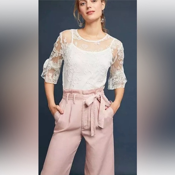 Anthropologie Blythe Wide Leg Paperbag Pants in Blush Pink Casual Size 10 Preppy - Picture 2 of 12